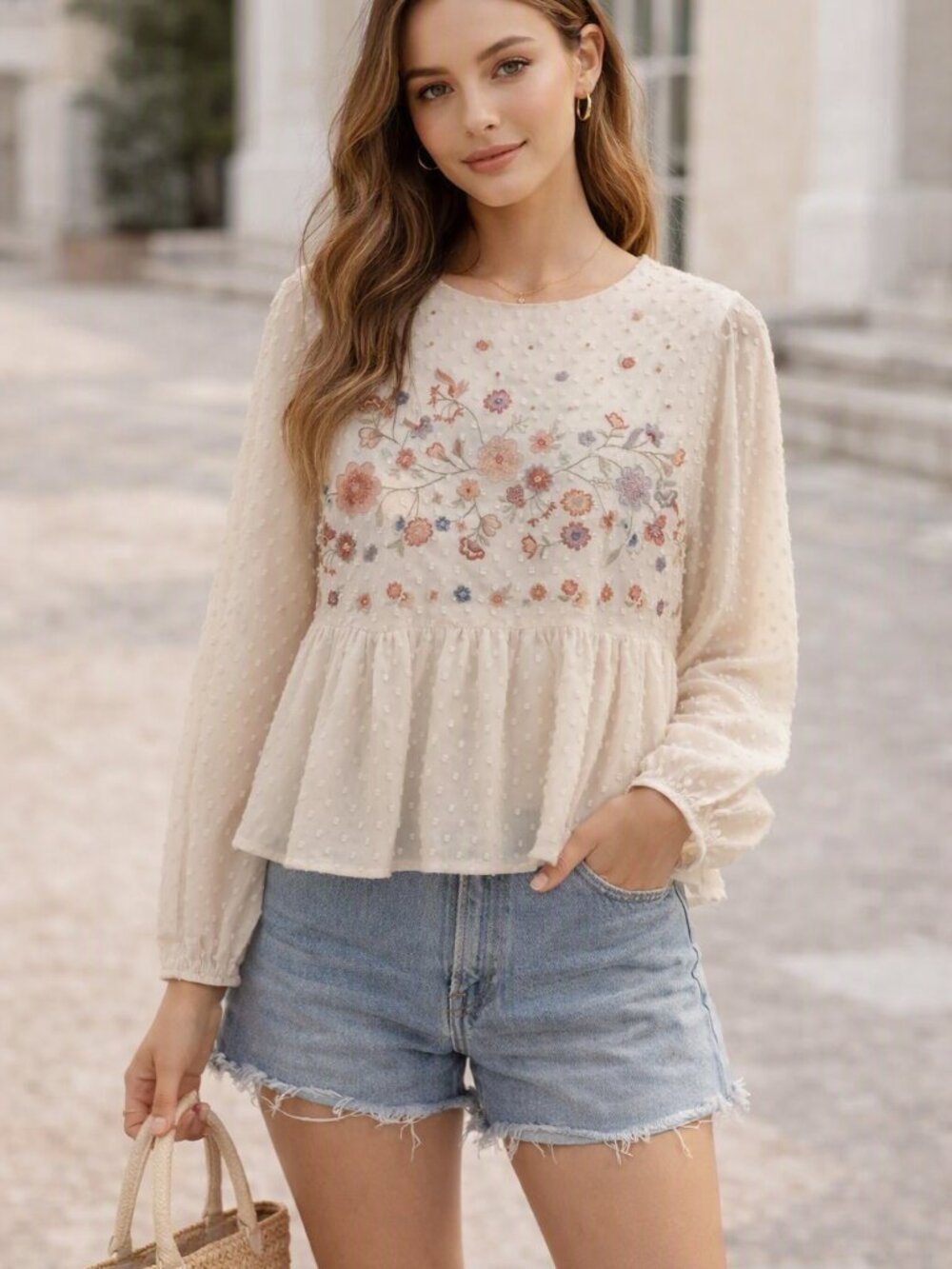 Embroidered Floral Swiss Dot Peasant Blouse — Cream